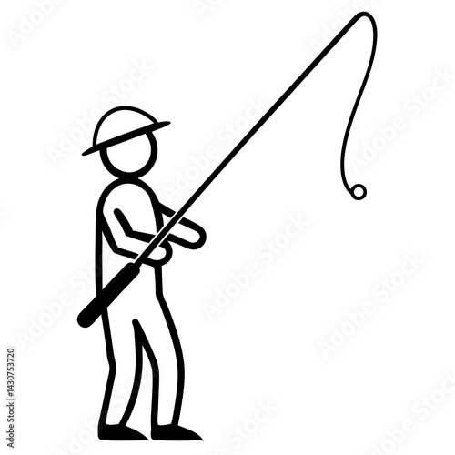 Stick Figure Fisherman With Fishing Rod Simple Black And White Illustration
