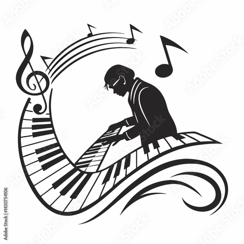 Pianist Performing Music With Grand Piano And Musical Notes Illustration