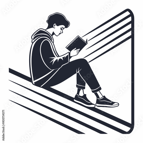 Person Reading Book Monochrome Illustration Isolated On White Background With Geometric Frame