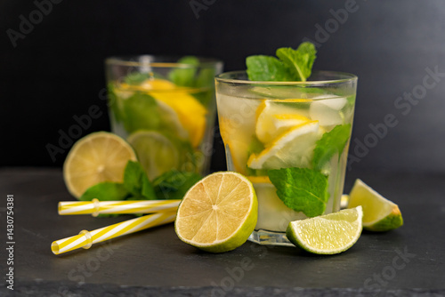 Two lemon and mint drinks with lemongrass and straws for the drink on a dark surface. Soft focus on the background. Food photo. Summer drinks concept.