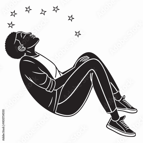Black And White Graphic Illustration Of Person Relaxing Surrounded By Stars Above
