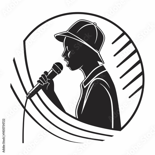 Singer In Cap Singing Into Microphone Black And White Line Art Illustration