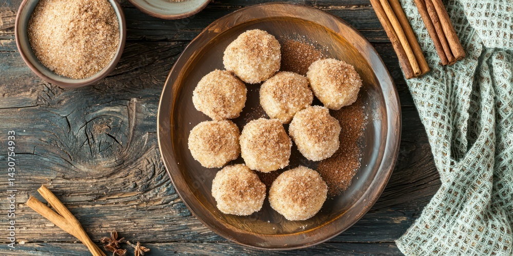 A plate of warm cinnamon sugar donuts, freshly coated in a blend of cinnamon and sugar A plate of warm cinnamon sugar donuts, freshly coated in a blend of cinnamon and sugar