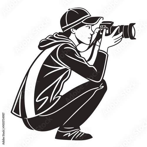 Photographer In Squat Position Capturing Image With Camera Black And White Style