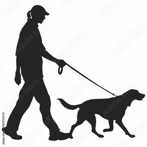 Silhouette Of Person Walking A Dog On A Leash Vector Illustration