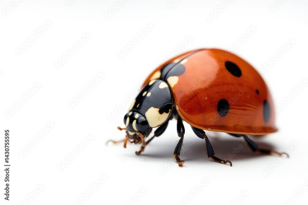 Close-up of a single ladybug on white background, macro, background, wings Close-up of a single ladybug on white background, macro, background, wings