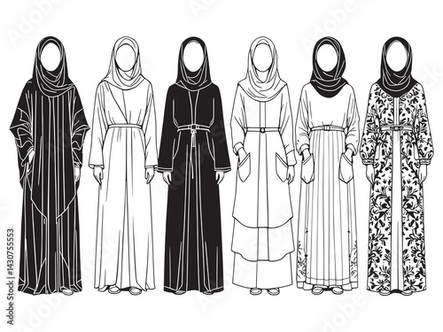 abaya line art detailed outline showing modest graceful clothing design