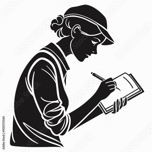 Silhouette Of A Woman With Cap Writing In Notebook With Pen On Field