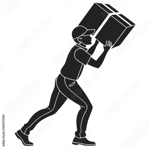 Delivery Man Silhouette Carrying Heavy Boxes,Postal Service,Vector Illustration