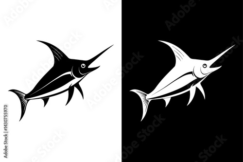 Marlin Fish Silhouette Vector Icon Black & White Background.