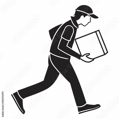 Silhouette Of Delivery Man Running Holding Package For Express Service