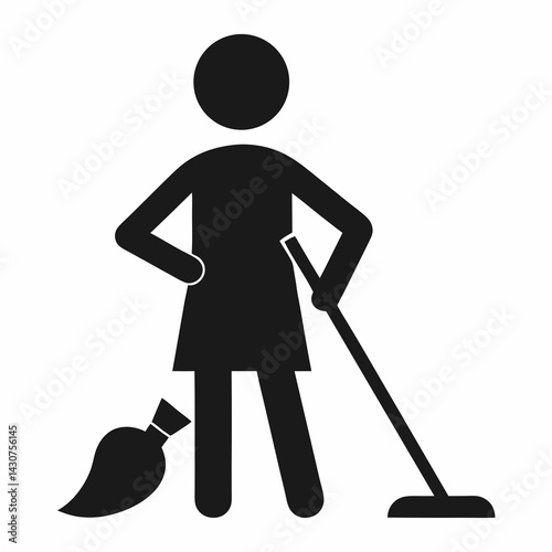 Cleaning Lady Silhouette With Broom And Dustpan Cleaning Equipment Concept