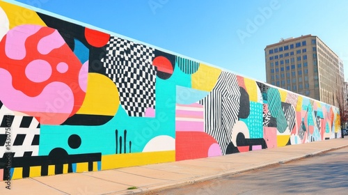 A Memphis aesthetic mural on a city street wall, featuring electric colors and bold abstract patterns --ar 16:9 --v 6.1 Job ID: dba87d1f-8a6a-4d61-91d4-9f9ecf46731e