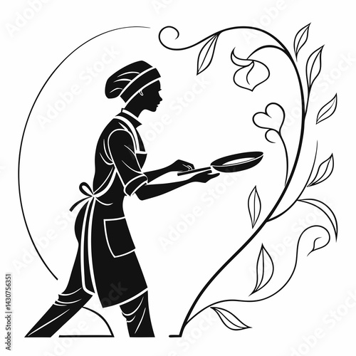 Silhouette Chef Cooking With Floral Accent Design Vector Illustration For Culinary Art