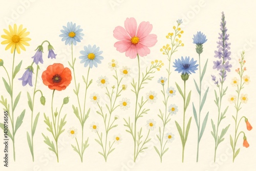 Colorful wildflowers painted with watercolors create a simple composition on an off white background
