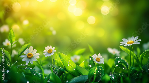 Vibrant green leaf with dewdrops amidst blooming wildflowers, symbolizing nature's beauty and environmental harmony.