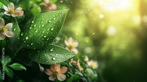 Vibrant green leaf with dewdrops amidst blooming wildflowers, symbolizing nature's beauty and environmental harmony.