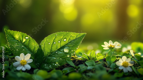 Vibrant green leaf with dewdrops amidst blooming wildflowers, symbolizing nature's beauty and environmental harmony.