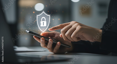 User activating mobile security settings or ensuring data privacy on a smartphone, touching the screen near a glowing shield and padlock security icon.