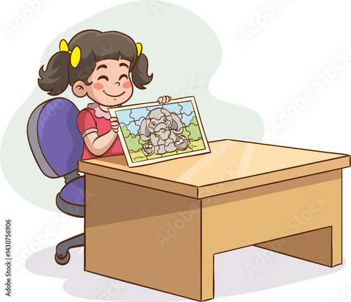 happy cute little child doing puzzle vector illustration