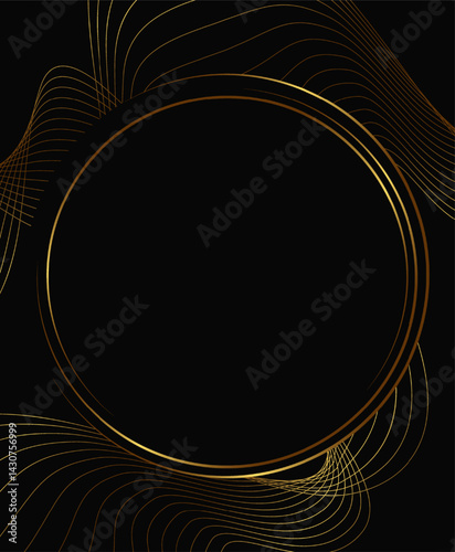 Festive advertising dark vector illustration background with golden wave lines and round sparkle banner