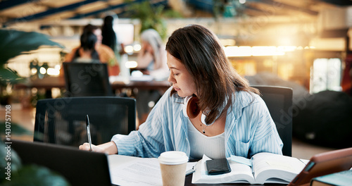 Canvas Print University, education and woman writing notes for assignment, research project and thesis in library