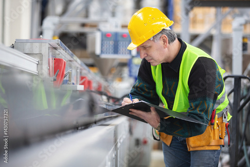 Senior worker in the factory operating machines