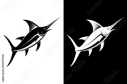 Marlin Fish Silhouette Vector Icon Black & White Background.