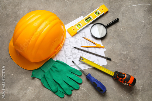 Construction tools, hardhat...