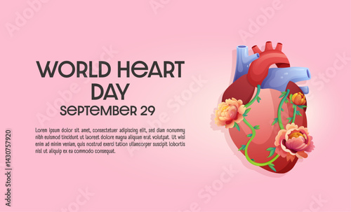 World Heart Day concept, beautiful flowers, leaves, decorate the human heart.