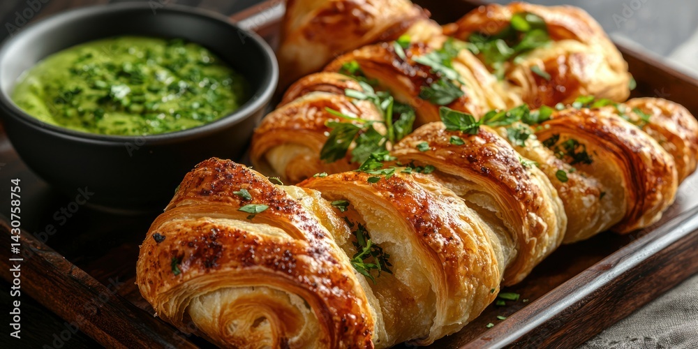 a puff pastry twists with a crispy, flaky texture, placed on a serving tray with a dip bowl on the side a puff pastry twists with a crispy, flaky texture, placed on a serving tray with a dip bowl on the side