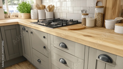 Modern, light gray kitchen cabinetry with a wooden countertop. photo