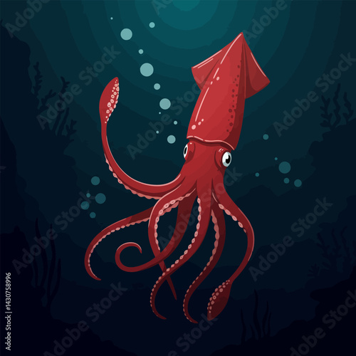 Swimming Squid Cartoon Illustration in Deep Ocean Water with Bubbles