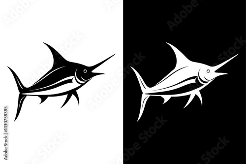Marlin Fish Silhouette Vector Icon Black & White Background.