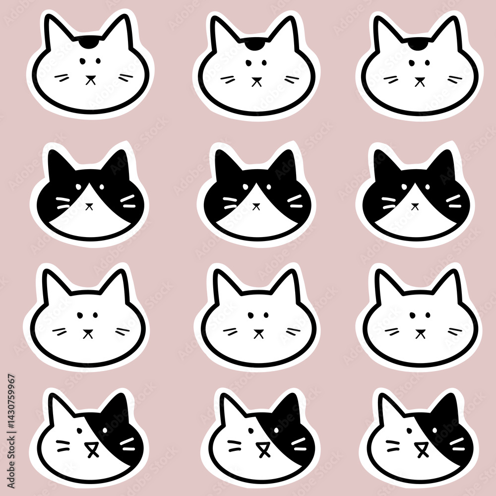 Cute Black and White Cat Face Stickers Pattern on Light Pink Background for Cat Lovers and Decorative Crafts Cute Black and White Cat Face Stickers Pattern on Light Pink Background for Cat Lovers and Decorative Crafts
