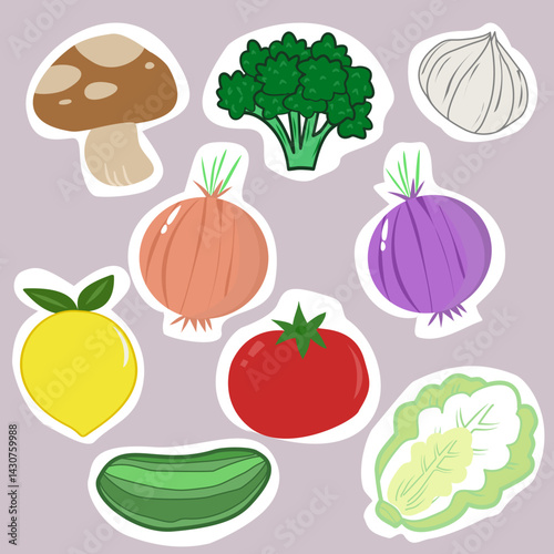 Colorful Vegetable and Mushroom Stickers Including Tomato, Onion, Garlic, Broccoli, Lettuce, Lemon, and Cucumber for Food-Themed Crafts