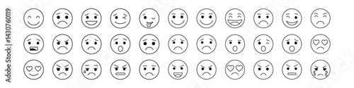emotions icon collection. Mood and facial emotion icons. Crying, smile, laughing, joyful, sad, angry and happy faces, emoticons vector set