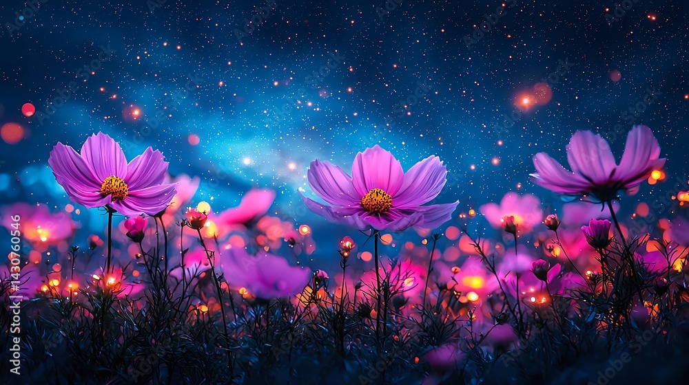 Obraz premium Stunning array of vibrant cosmos flowers under a starry night sky reflecting nature's splendor