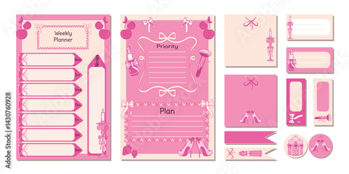 A set of vintage stickers, a weekly to-do plan template, and notes for the girl. Cute pink elements with ribbons and bows. Notepad template, modern vector design.