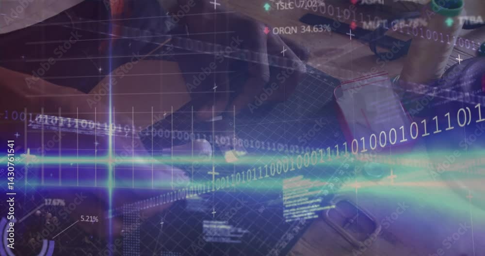 Engineer hands assembling breadboard on desk, tech graphics streaming binary code and stock ticker Engineer hands assembling breadboard on desk, tech graphics streaming binary code and stock ticker