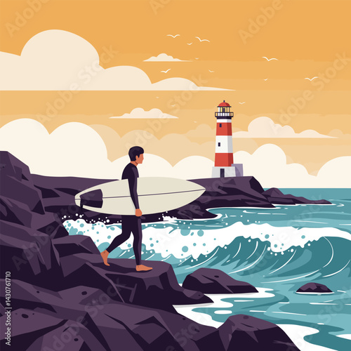 Surfer Walking on Rocky Coastline with Surfboard Near Lighthouse