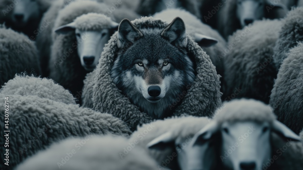Fototapeta A wolf in sheep's clothing among sheep
