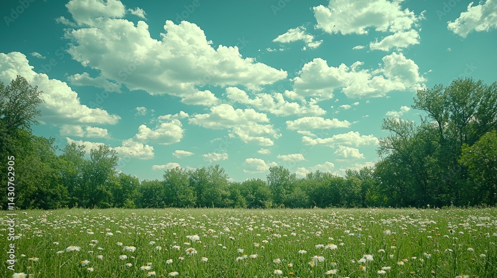 Fototapeta premium Serene Summer Meadow Landscape: A Daytime Pastoral Scene