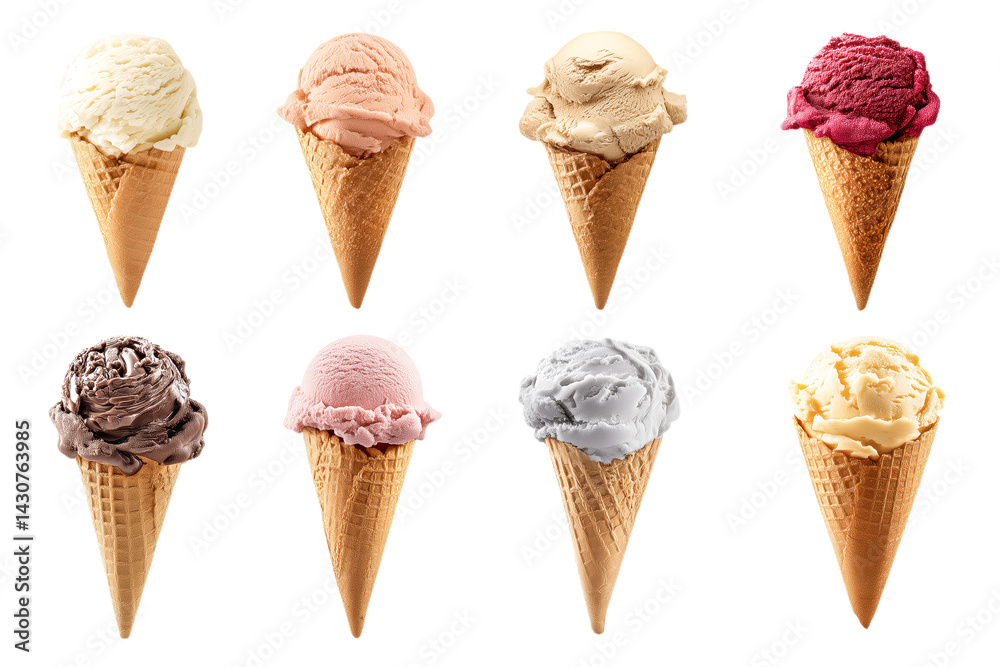 Assortment Of Gourmet Ice Cream Cones On A Transparent Background Assortment Of Gourmet Ice Cream Cones On A Transparent Background