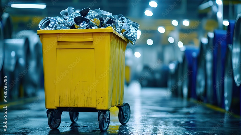 Yellow bin inside a warehouse with scrap aluminum and steel offcuts