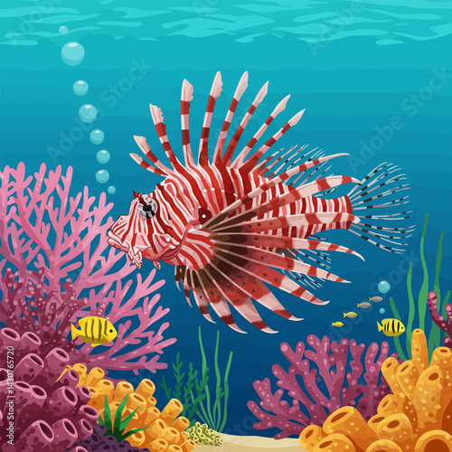 Lionfish Swimming Near Coral Reef with Other Fish in Ocean
