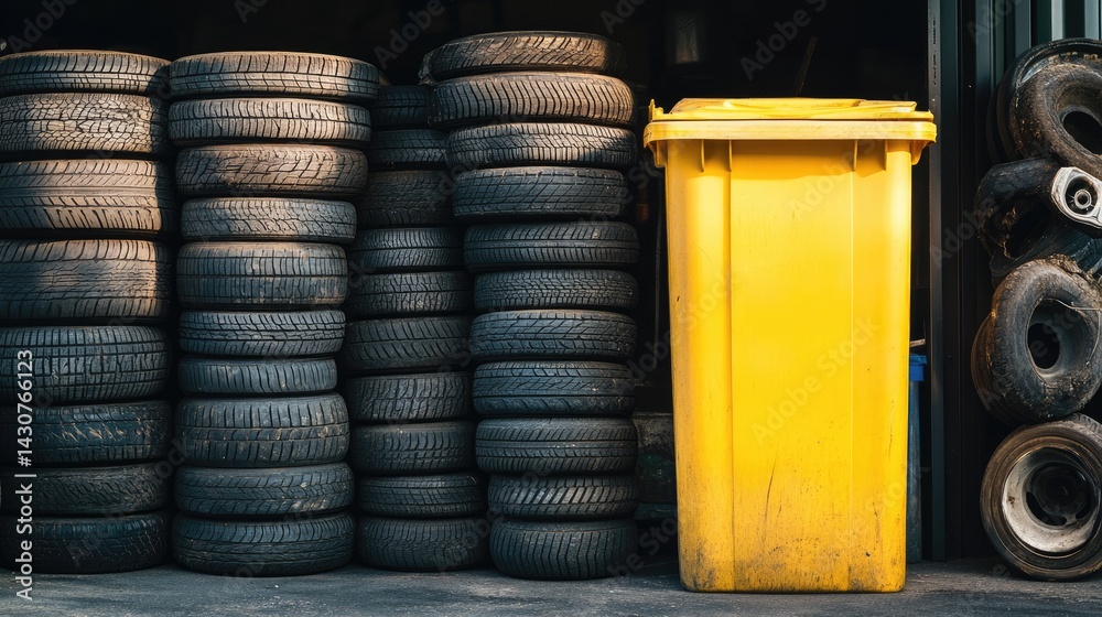 Yellow bin in garage next to stacked car tires awaiting repurpose Yellow bin in garage next to stacked car tires awaiting repurpose