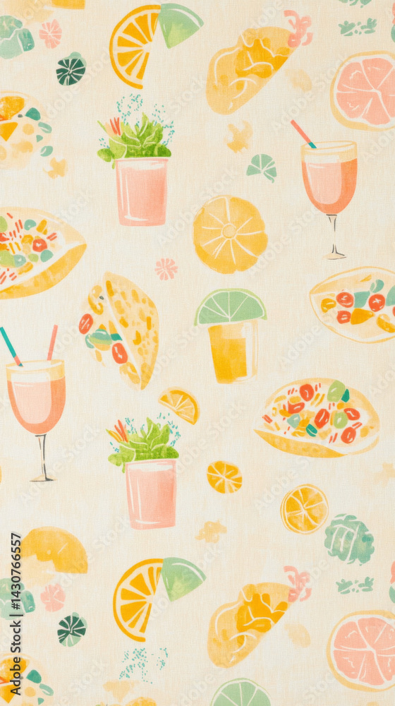 Cinco de Mayo Mexican food pattern with tacos, drinks, cactus background Cinco de Mayo Mexican food pattern with tacos, drinks, cactus background