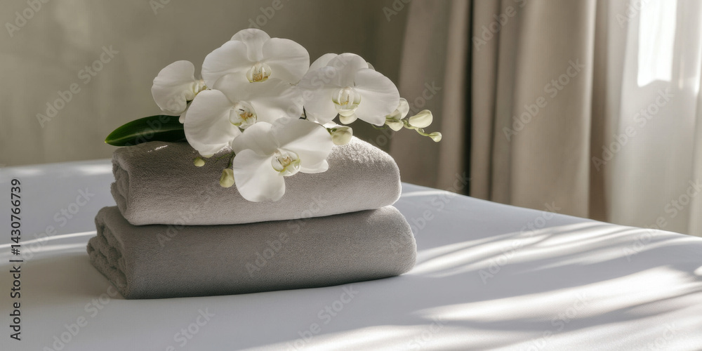 Spa concept background with white orchid on folded towels, relaxing and serene Spa concept background with white orchid on folded towels, relaxing and serene