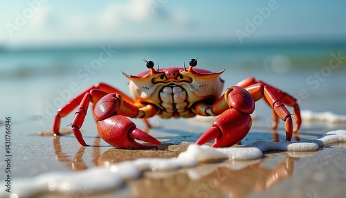 Crab walking on the beach with ocean waves in the background  